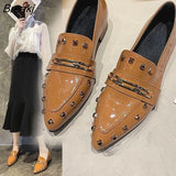 shoe female autumn new style lady pointed thick heel rivet women's shoes British style patent leather small