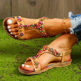 Women's T-Strap Colorful Beaded Flat Sandals Open Toe Elastic Ankle Strap Gladiator Shoes Woman Summer Bohemian Beach
