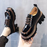 Women's Shoes British Style Chunky Platform Women Pumps 2023 Spring Lace Up Loafers Woman Round Toe Patent Leather