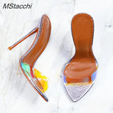 Transparent Shoes For Women's Sandals 2024 Summer Sexy Slippers Pointe Toe Thin Heels Stiletto Sandals Big Size Women