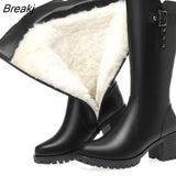 Genuine Leather Knee High Boots For Women Thick Heeled Winter Large Size Warm Wool Shoes Woman Motorcycle Boots