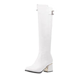 Women white leather Knee Bare Boots Square High Heel Casual Long Tube Booties Lady Sexy Over Knee Thigh High Boots lady winter