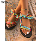 Women Bowknot Sandals Summer Beach Color Flat Lace Up Bow Shoes for Ladies Fashion Outdoor Leopard Beach Open Toe
