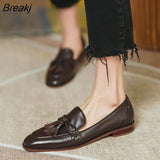Leather Shoes Female British Style Comfortable Ladies Loafers Round Toe Tassel Deep Mouth Single Shoes Work Flat