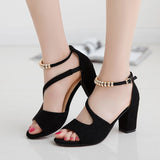 Spring Summer Sexy Fish Mouth Hollow Roman Sandals Thick With Word With Beaded High Heels Female Summer Sexy Female