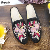 New Fabric Spring Pointed Toe Flat Mules Comfortable Slippers for Casual Fashion Ladies Summer Chinese Embroidered
