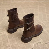 Round Head Belt Buckle Boots 2024 New Soft Leather Thick Heels Martin Boots Women's Knitted Elastic Thin