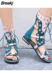 Color Rivets Studded Women Gladiator Sandals Outside Casual Flat Shoes Woman Hollow Out Lace-up Flats Summer