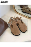 Sandals Woman Leather Velvet Shoes Low-heeled Suede Rubber PU Fretwork Flock Basic Velvet Shoes Low Sandals Woman Leather
