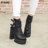 Autumn Fashion Women Boots High Heels Platform Buckle Lace Up Leather Short Booties Black Ladies Shoes Promotion