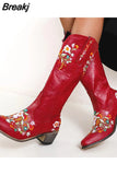 Retro Female Western Boots Wood Sole Spike Heels Pointed Toe Slip-On Floral Flower Ankle Boots Shoes Plus Size