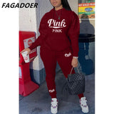 Hoodies Sporty Two Piece Set Women PINK Letter Print Sweatshirt And Skinny Pants Tracksuit Autumn Winter Casual