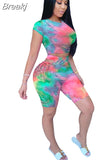 Women Tie Dye Print 2 Pieces Sets Tracksuits Crop Top Side Lace-Up Bandage Shorts Ladies Sexy Tracksuits Hollow