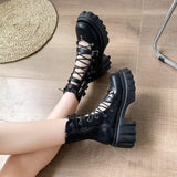 Gothic Hollow Sandals Women Thick Sole Metal Buckle Punk Style Spice Single Shoes Chunky Heel Platform Cross Tied