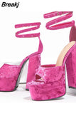 Design 2023 Chunky Platform Super High Heels Flock Women Sandals Rosyred Blue Fashion Comfy Women Party Shoes