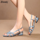 New Fashion Sandals Women Roman Women Sandals Real Leather Hollow Fish Mouth Mid Heel Fashion Women Opened Toe