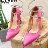 2023 New Fashion Crystal Ankle Strap Women Pumps Purple Silk Pointed Toe Rhinestone High Heels Party Banquet Stiletto