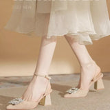 Strap Crystal Sandals for Women Pointed Toe High Heels Sandalias De Mujer Shiny Rhinestones Square Heeled