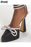 Women Pointed Toe Rhinestone Crystal Bowknot Ankle Strap Ladies Prom Footwear Sexy Platform Sandals High Thin Heels Ankle