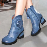Women Genuine Leather Boots 2022 Fashion Handmade Retro Boots High Heels Ankle Boots Female Cowhide Floral