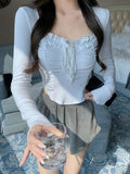 Spring Basic Lace Y2k Crop Tops Woman Slim Pure Color Korean T-shirt Office Lady Casual Fashion Clothing Female