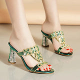 New High-Heeled Sandals Are Sexy And Fashionable In Gold In Summer, Wearing Thick Heels And Diamond-Encrusted Slippers In Middle