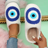 Cartoon Blue Eye Fur Slippers Women Home Warm Closed Toe Cute Cotton Slippers Woman Indoor Soft Lamb Wool Winter