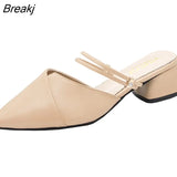 Party Women Mules Slipper Pointed Toe Block Strap Closed Shallow High Heels Shoes Sandals Black Beige Square heel