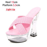 Light Up Transparent High Heels 15CM Square Heel Summer Sandals Women's Platform Luminous Shoes Club Fashion Weave
