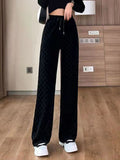 Women Green Long Pants High Elastic Waist Pockets Wide Leg Trousers Plaid Casual Female Autumn Winter Bottoms