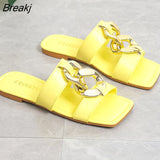 Sandals Slippers for Women Summer 2023 Metal Chain New Style All-match Flat-heeled Square Toe Fashion Korean Beach