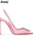 Summer PVC Transparent Shoes Pointed Toe Rhinestone Chain High-heeled Women's Sandals Stylish Women Pumps Wedding Shoes