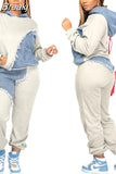 Fall Winter Casual Hoody Two Piece Sets Women Outfits Fashion Denim Splicing Long Sleeve Pullover And Pants