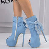 New Style Blue Denim Platform Boots For Women Sexy Peep Toe Zip Party Club Pole Dance Extreme High Heels Stiletto