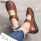 Hollow Genuine Leather Breathable Soft Flat Sandals Summer Women Shoes Woman Casual Solid Buckle Strap Ladies