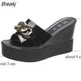 Chain High Heels Slippers Women's Wedding Shoes Summer 2023 New Casual White Black Wedges Slides Ladies Beach