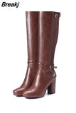 new arrivals large size 33-43 chunky high heels knee high boots woman shoes dropship black brown shoes woman