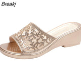 new women's slippers comfortable breathable wedge with thick bottom versatile mesh rhinestone slippers