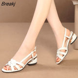 New Fashion Sandals Women Roman Women Sandals Real Leather Hollow Fish Mouth Mid Heel Fashion Women Opened Toe