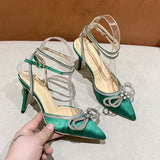 Stiletto Sandals, New Summer 2024 Crystal One-line Black Lace Rhinestone Bow 9cm High Heel Fashion Sandals,