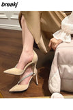 Fashion Brand Crystal Embellished High Heels Shoes Women Pointed Toe Dress Rhinestone Wedding Party Pumps Black Suede