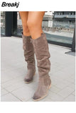 Suede Boots Women Winter Round Toe Casual Shoes Women Low Heel Faux Suede Boots Zipper Black High Boots Free
