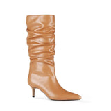 Women Mid-Calf Boots Sexy Solid Color Leather Folds Boots Pointed Toe Thin Heels Stiletto Party Shoes Large Size
