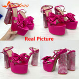 Buckle Platform Women Sandals Summer 2023 New Hot Sexy Elegant Rhinestones Shoes Thick Heels Sandals Bowknot Decor