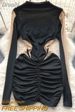 Sexy See Through Mesh Patchwork Bodycon Mini Dress Women Spring Autumn Long Sleeve Slim Fit Ruched Club Party