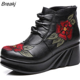 Fashion Handmade Boots For Women Genuine Leather Ankle Shoes Vintage Platform Women Shoes Round Toes Wedges