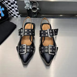 High Quality Women Sandals Pointed Toe Belt Buckle Flat Leather Femme Shoes Fashion Thick Bottom Sandals Designer
