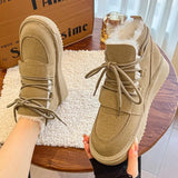 Slip Warm Snow Boots Women Winter Flat Heels Cotton Padded Shoes Woman Faux Suede Lace Up Ankle Boots Women's Plush