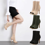 Ladies Peep Toe Stretch Fabric Knitting Ankle Boots Small Hole Hollow Out Breathable Dress Women High Heels Dance