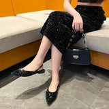 Silver Slingbacks Flats Shoes Woman 2024 Trend Designer Pointed Toe Flat Slip-on Mules Shiny Soft Ballet Flats Black